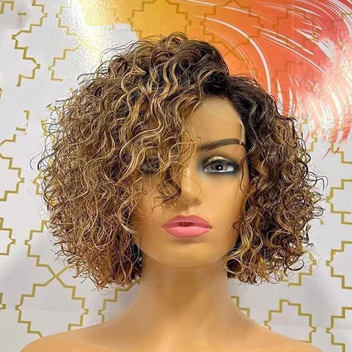 Short Curly Bob Wig Highlight Honey Blonde Lace Front Wig