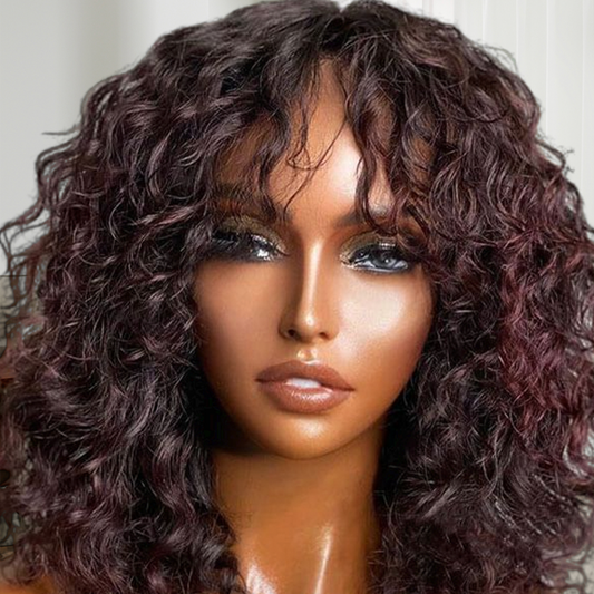 Shoulder Length Mahogany Curly Curtain Bangs Wig