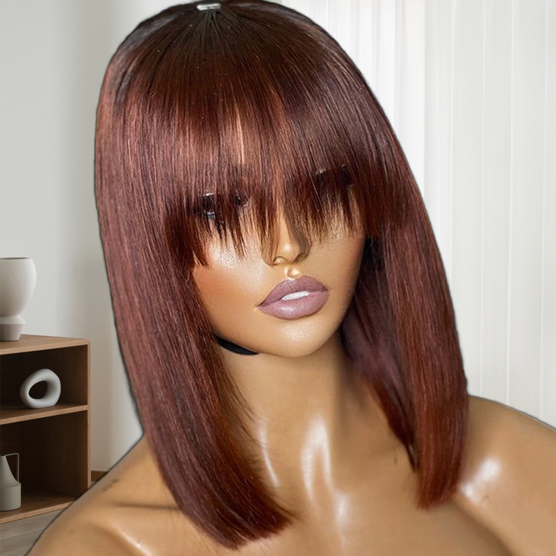 Reddish Brown Straight Short Bob Wig With Bangs