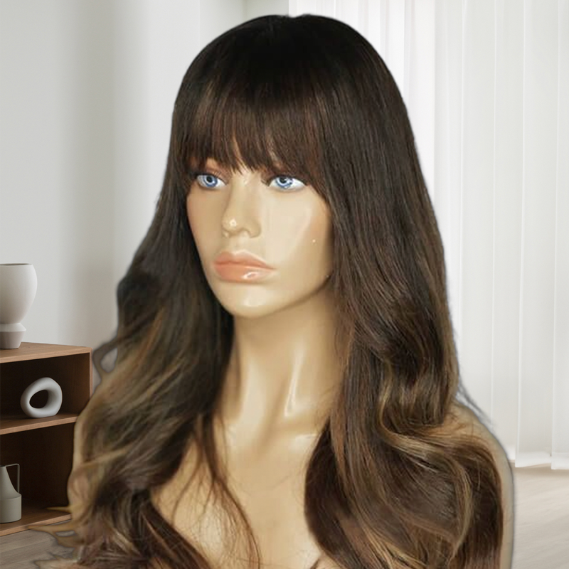 Long Wavy Bangs Highlights Wig