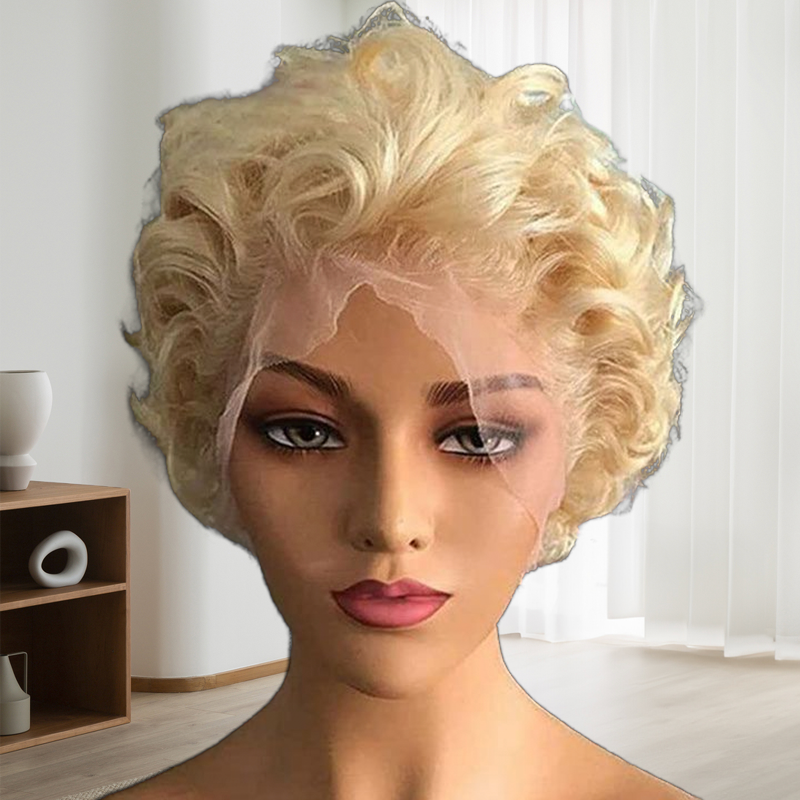 Short Pixie Cut Curly 613 Blond Hair Lace Bob Wig with Baby Hair