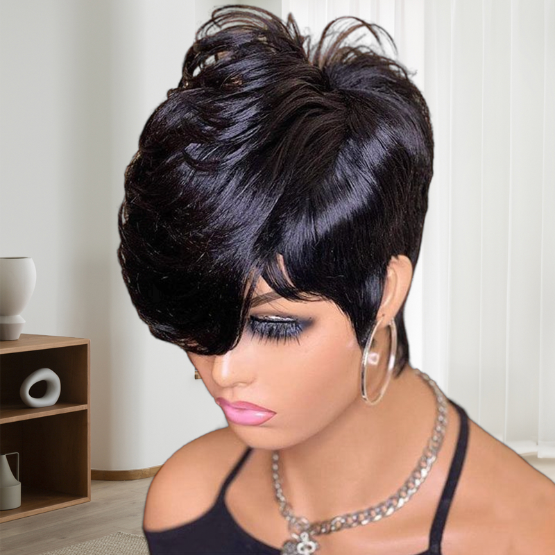 Human Hair Pixie Cut Lace Front Wig with Bangs