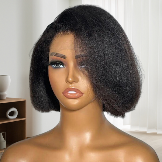 Short Kinky Straight Bob Wigs With Side Swept Bangs