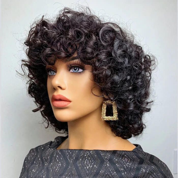 Double Drawn Short Curly Bob Wigs With Bang Pixie Cut