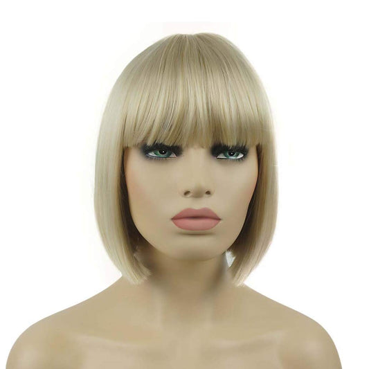 8" Straight Short Bob Hair Flat Bangs Cute Central Dot Skin Top Heat Resistant Synthetic Wigs (6 Chestnut Brown)