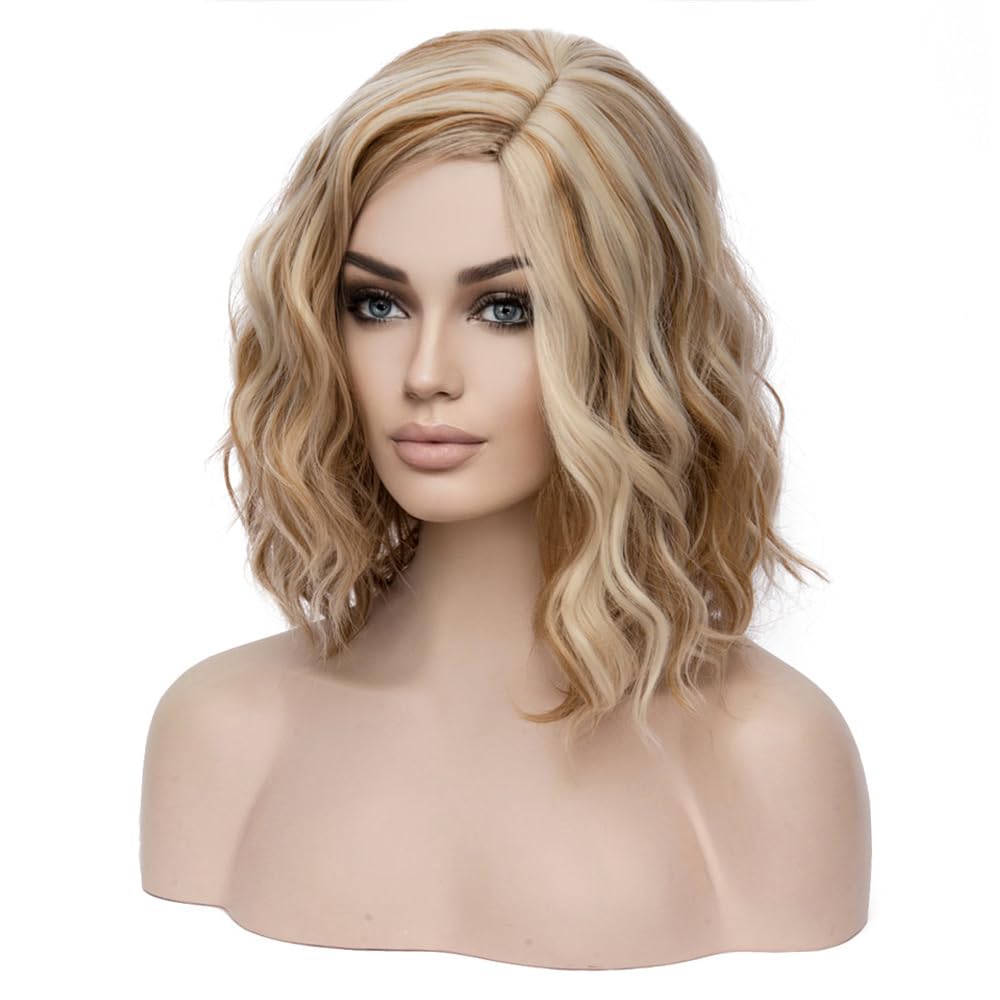 Brown Wigs for Women Short Curly Wavy Wig Girls Mixed Brown Body Heat Resistant Synthetic Hair Wig