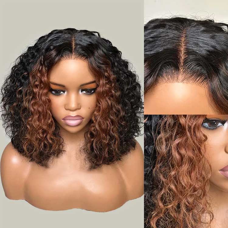 Glueless Brown Highlights Fluffy Curly 5x5 Closure Lace Wig