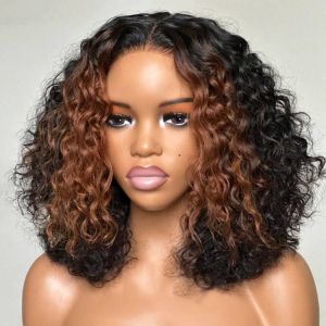 Glueless Brown Highlights Fluffy Curly 5x5 Closure Lace Wig