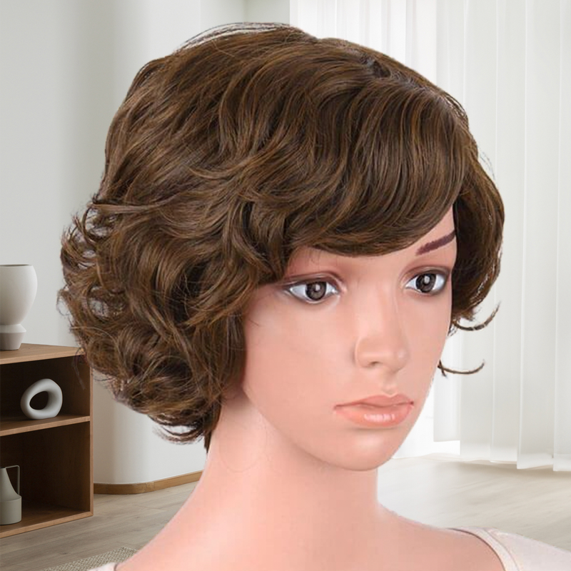 Short Curly Side Bangs Cut Lace Front Bob Wig Pixie Cut Wig