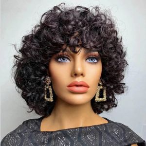 Double Drawn Short Curly Bob Wigs With Bang Pixie Cut