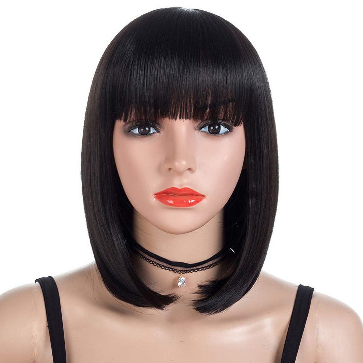 Short Straight Bob Wig Heat Resistant Hair with Blunt Bangs Natural Looking Cosplay Costume Daily Wigs