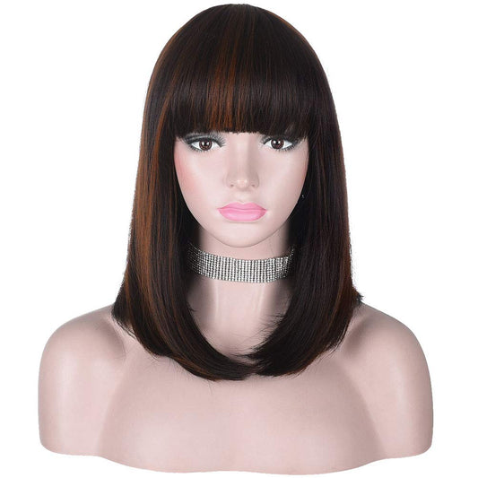 15 Inch Short Straight Black Bob Wig with Bangs | Natural Heat Resistant Synthetic Hair for Women