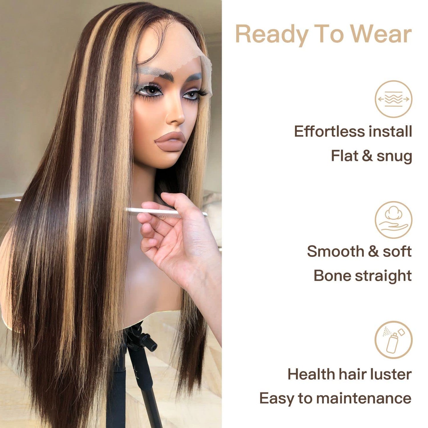 Honey Blonde Lace Front Wig - Pre Plucked, Ready to Wear, HD Glueless 13X5X1 - Highlight Synthetic Straight Wig for Women