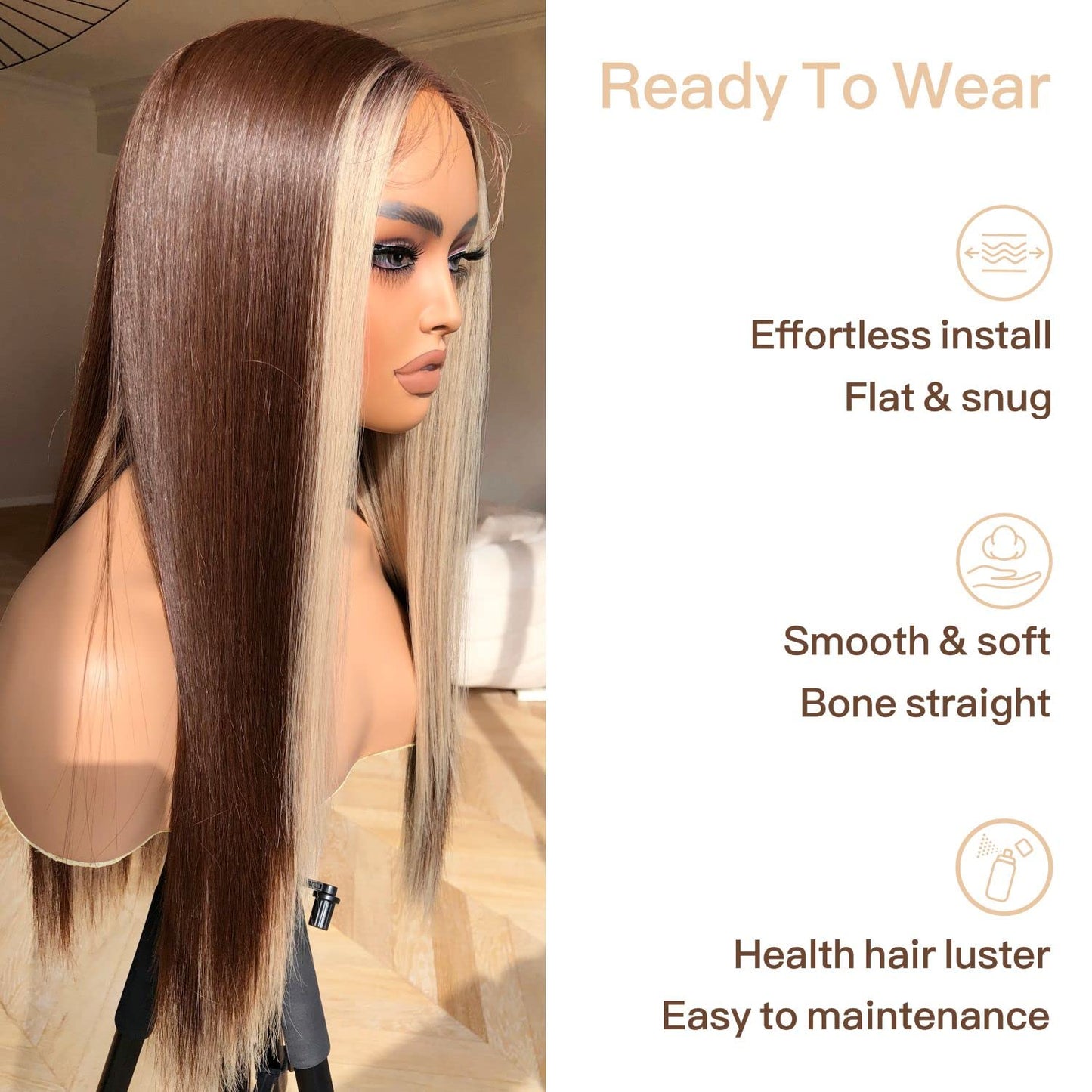 Honey Blonde Lace Front Wig - Pre Plucked, Ready to Wear, HD Glueless 13X5X1 - Highlight Synthetic Straight Wig for Women