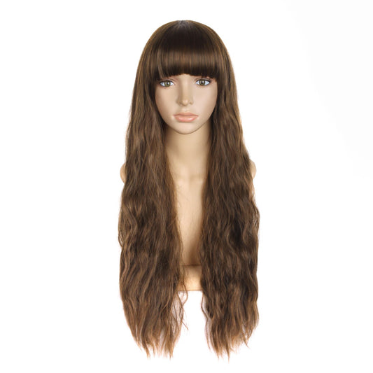 28 Inch/70 cm Beautiful Women's Flat Bang Long Wave Curly Wigs (Brown)