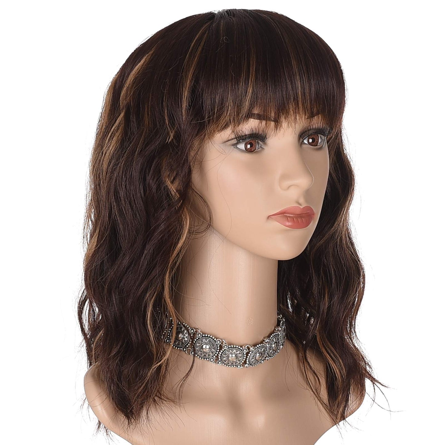 Short Black Wavy Bob Wig with Bangs for Women 16 Inches Natural Synthetic Hair Wavy Wigs