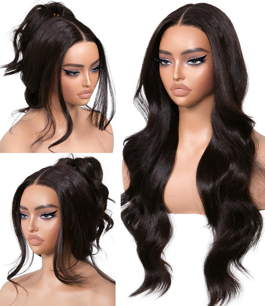 Dark Brown Synthetic Lace Front Wigs Body Wave Glueless Wigs With Bangs