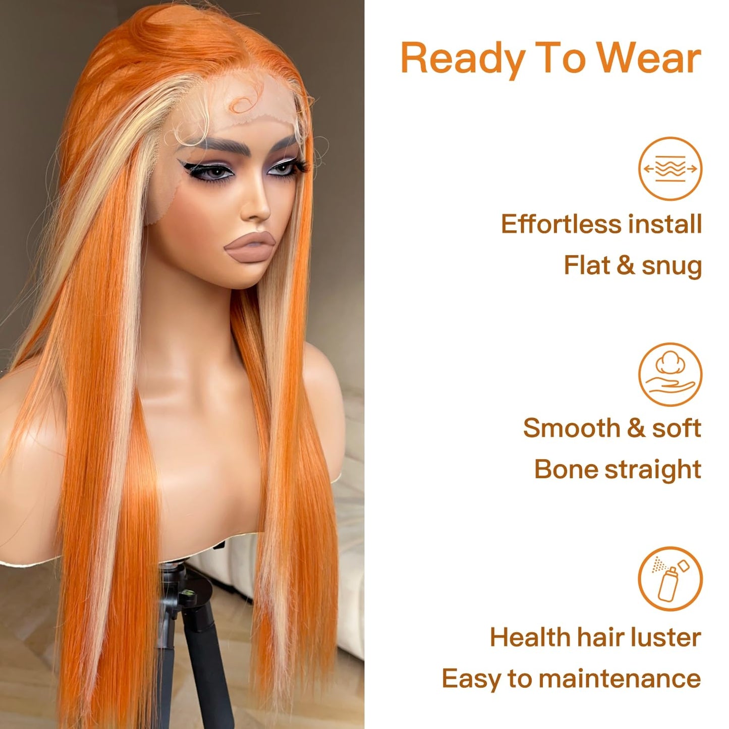 Honey Blonde Lace Front Wig - Pre Plucked, Ready to Wear, HD Glueless 13X5X1 - Highlight Synthetic Straight Wig for Women