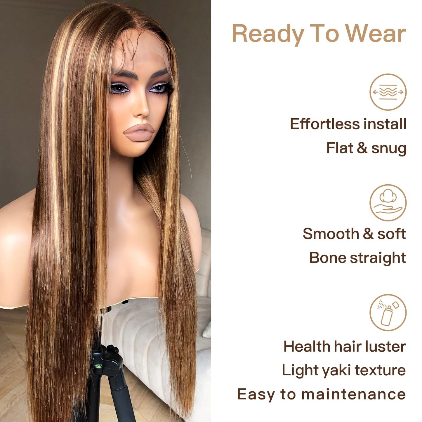 Honey Blonde Lace Front Wig - Pre Plucked, Ready to Wear, HD Glueless 13X5X1 - Highlight Synthetic Straight Wig for Women