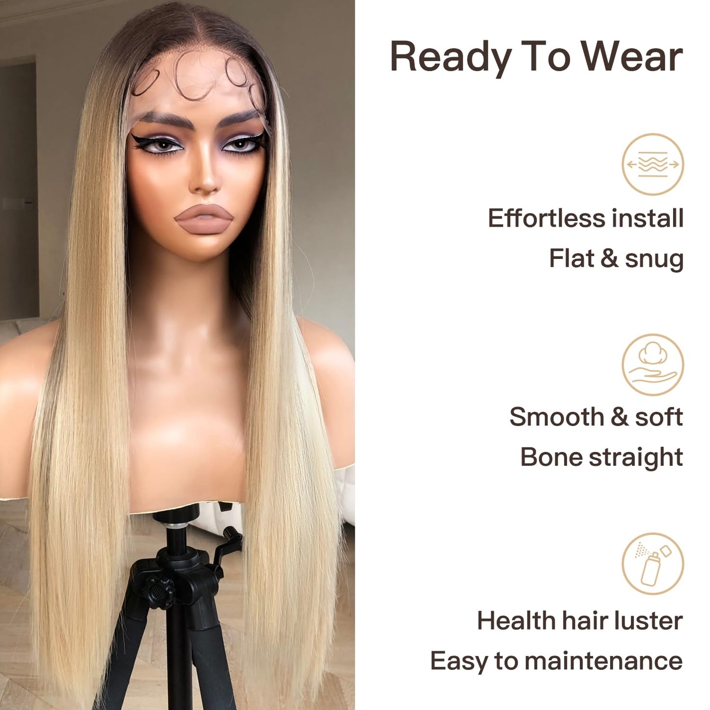 Honey Blonde Lace Front Wig - Pre Plucked, Ready to Wear, HD Glueless 13X5X1 - Highlight Synthetic Straight Wig for Women