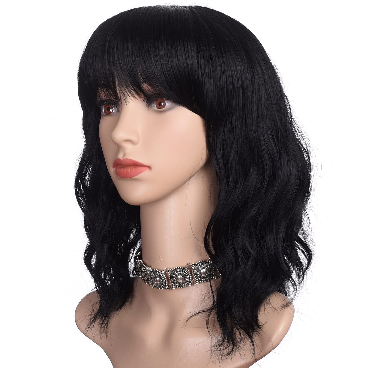 Short Black Wavy Bob Wig with Bangs for Women 16 Inches Natural Synthetic Hair Wavy Wigs