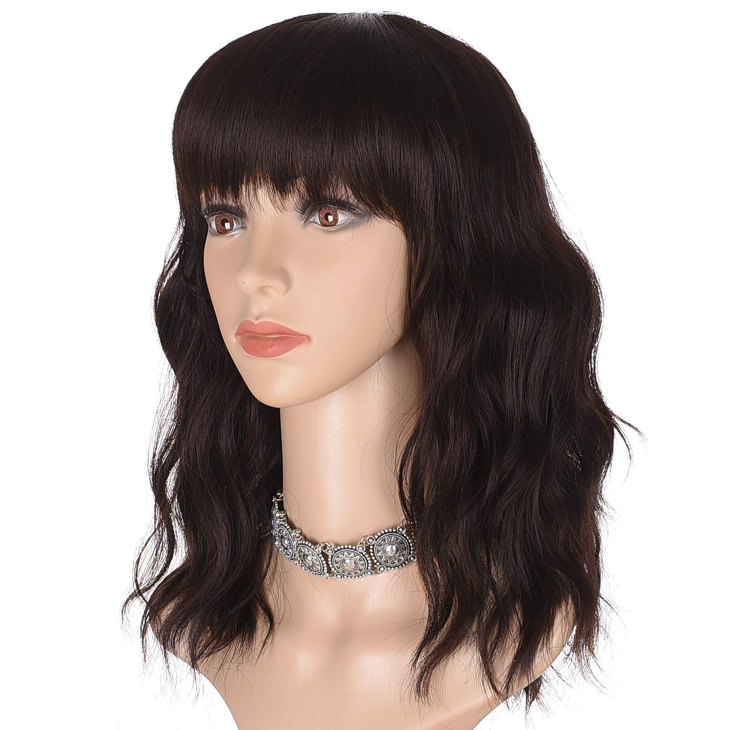 Short Black Wavy Bob Wig with Bangs for Women 16 Inches Natural Synthetic Hair Wavy Wigs