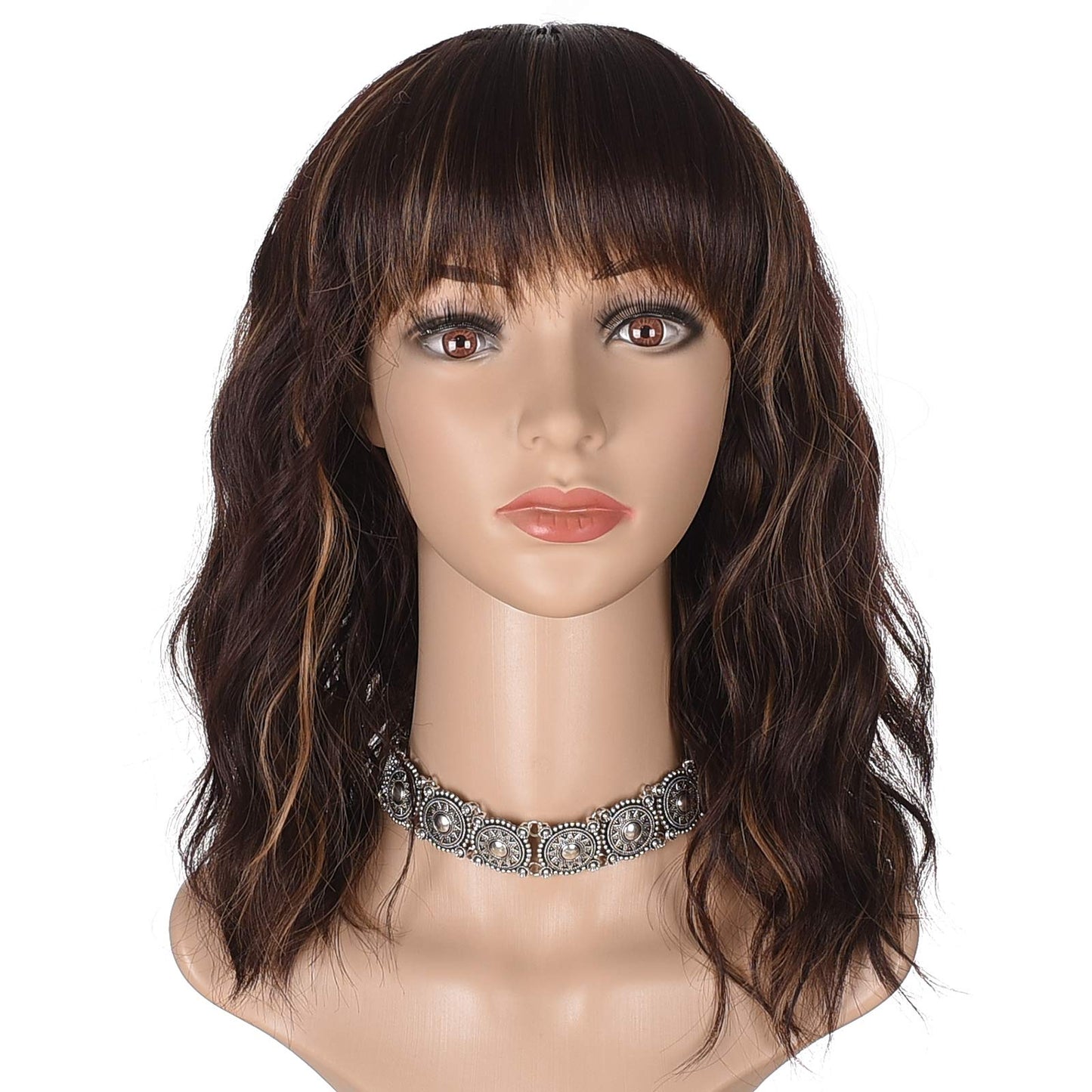 Short Black Wavy Bob Wig with Bangs for Women 16 Inches Natural Synthetic Hair Wavy Wigs