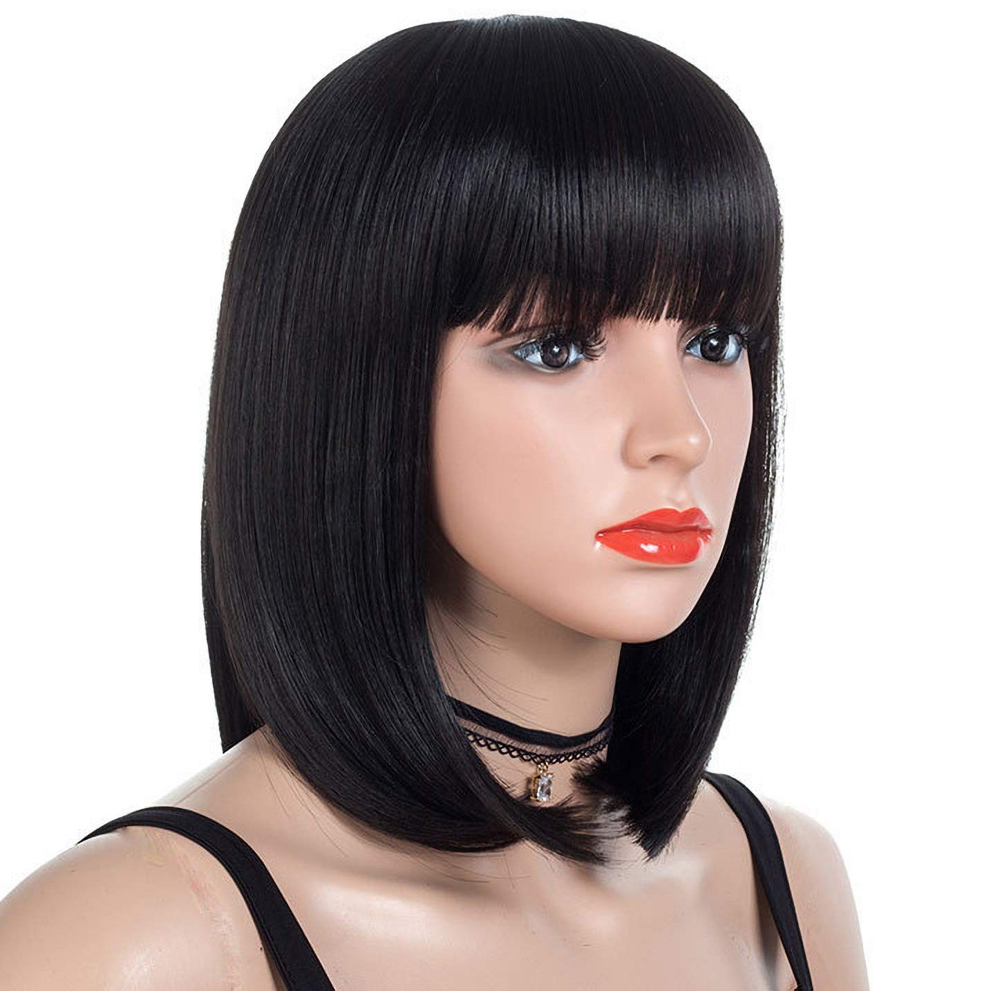 Short Straight Bob Wig Heat Resistant Hair with Blunt Bangs Natural Looking Cosplay Costume Daily Wigs