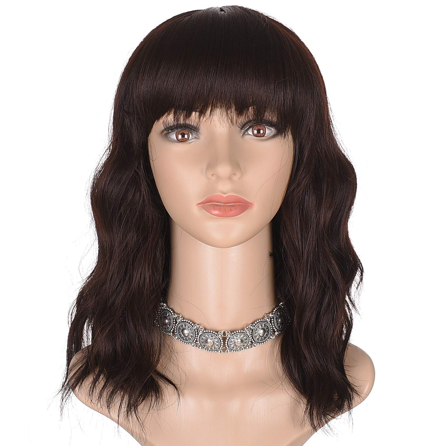 Short Black Wavy Bob Wig with Bangs for Women 16 Inches Natural Synthetic Hair Wavy Wigs