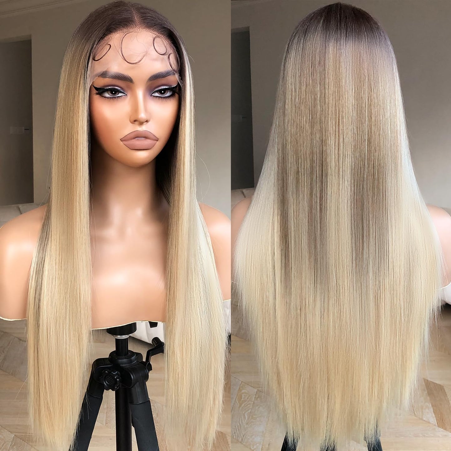 Honey Blonde Lace Front Wig - Pre Plucked, Ready to Wear, HD Glueless 13X5X1 - Highlight Synthetic Straight Wig for Women