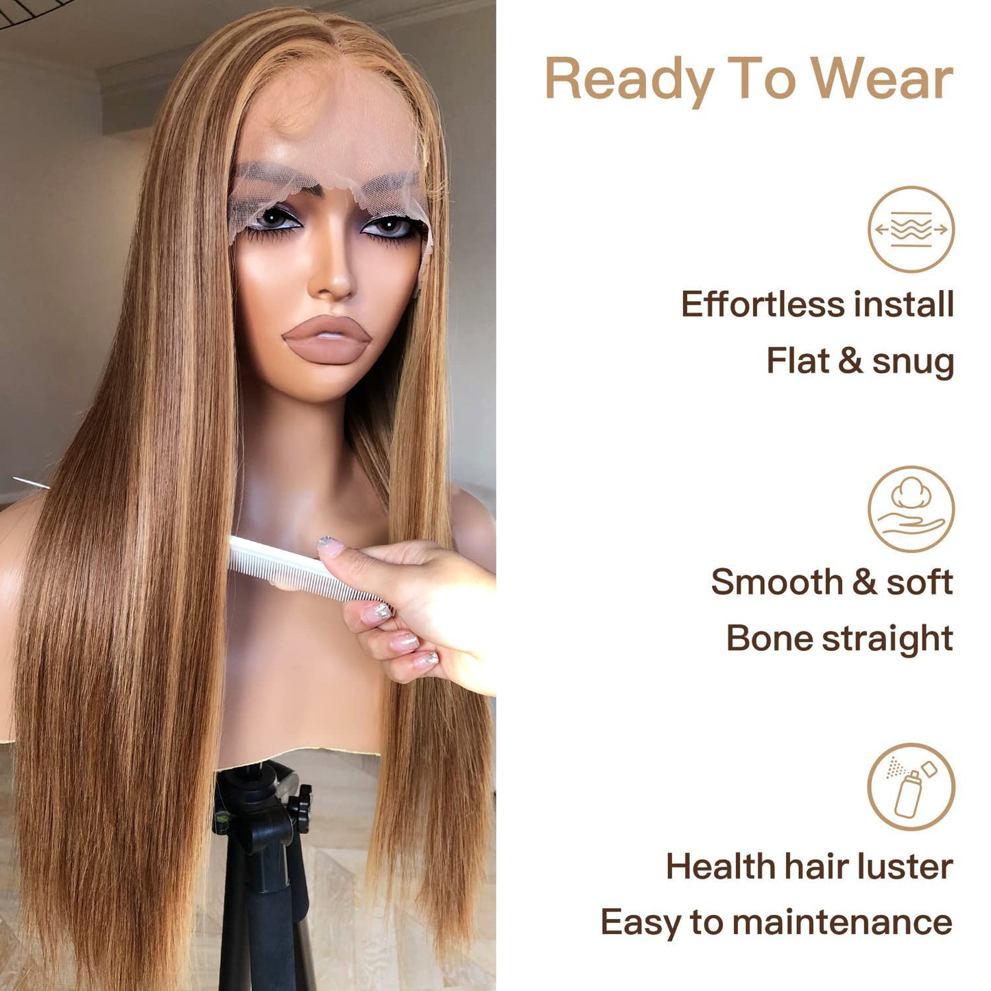 Honey Blonde Lace Front Wig - Pre Plucked, Ready to Wear, HD Glueless 13X5X1 - Highlight Synthetic Straight Wig for Women