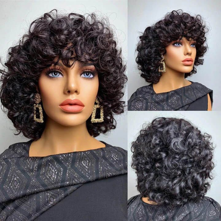 Double Drawn Short Curly Bob Wigs With Bang Pixie Cut