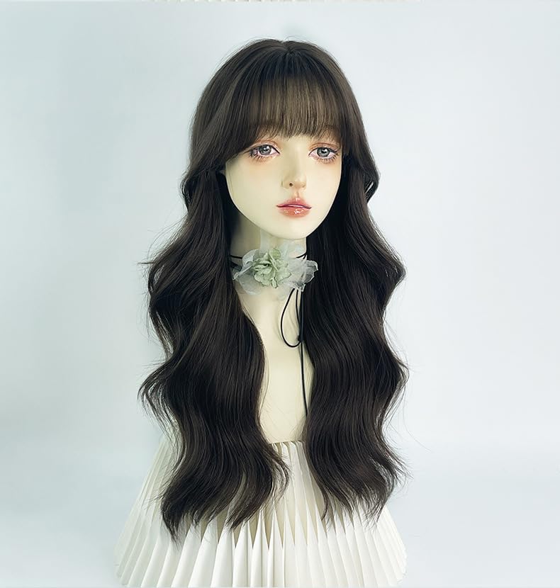 Long black wavy wig female synthetic curly wig with bangs