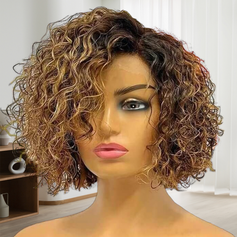 Short Curly Bob Wig Highlight Honey Blonde Lace Front Wig