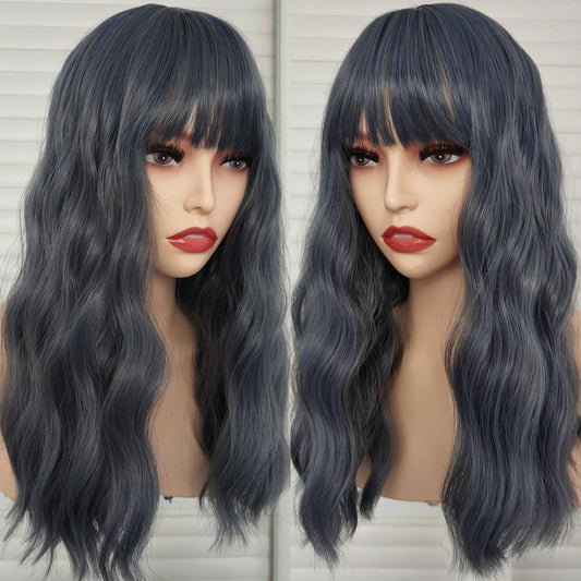 Blue Bob Wave Wigs Synthetic Hair Cosplay Wig with Bangs Natural Wave Wig for Women