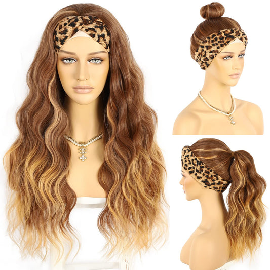 Headband Wig Loose Body Wavy Glueless Synthetic Hair Wigs for Black Women Wave None Lace Front Wigs Mix Brown Color Headband Wigs