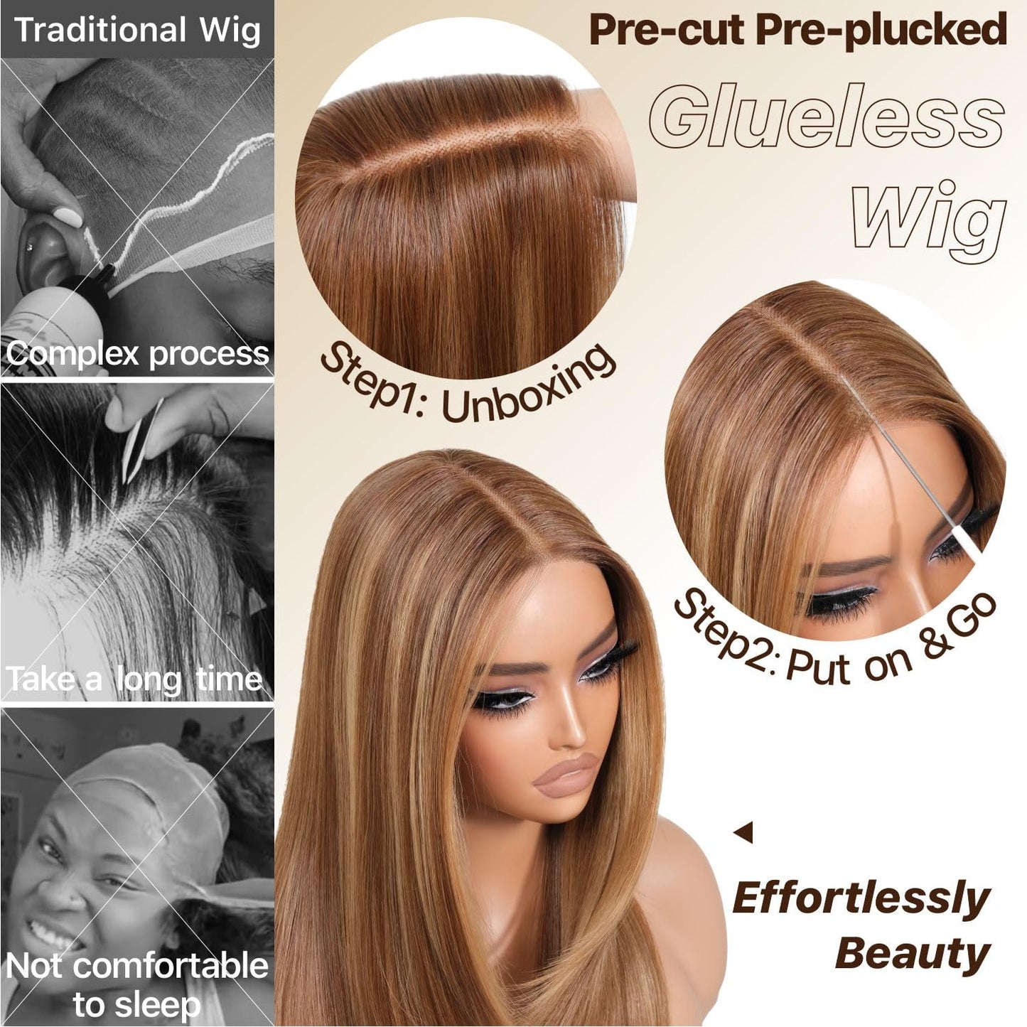 Wear and Go Glueless Wigs Pre Plucked Pre Cut for Beginners Honey Blonde Synthetic Lace Front Wigs For Woman Long layered straight Wigs