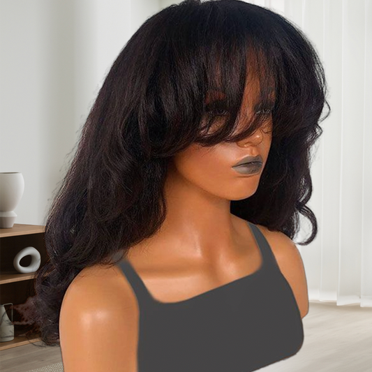 Natural Color Kinky Wavy Wigs With Bangs