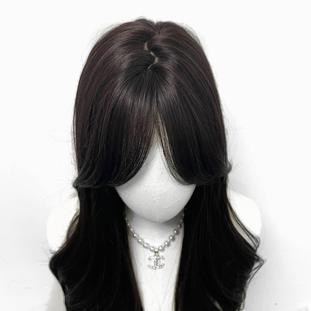 Long black brown straight hair wig and bangs synthesize female synthetic high temperature wig