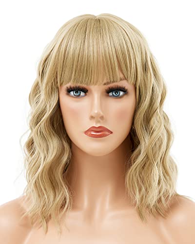 Blonde wig short Bob blond wig wavy curled Bob wig white woman wigs with bangs synthetic hair