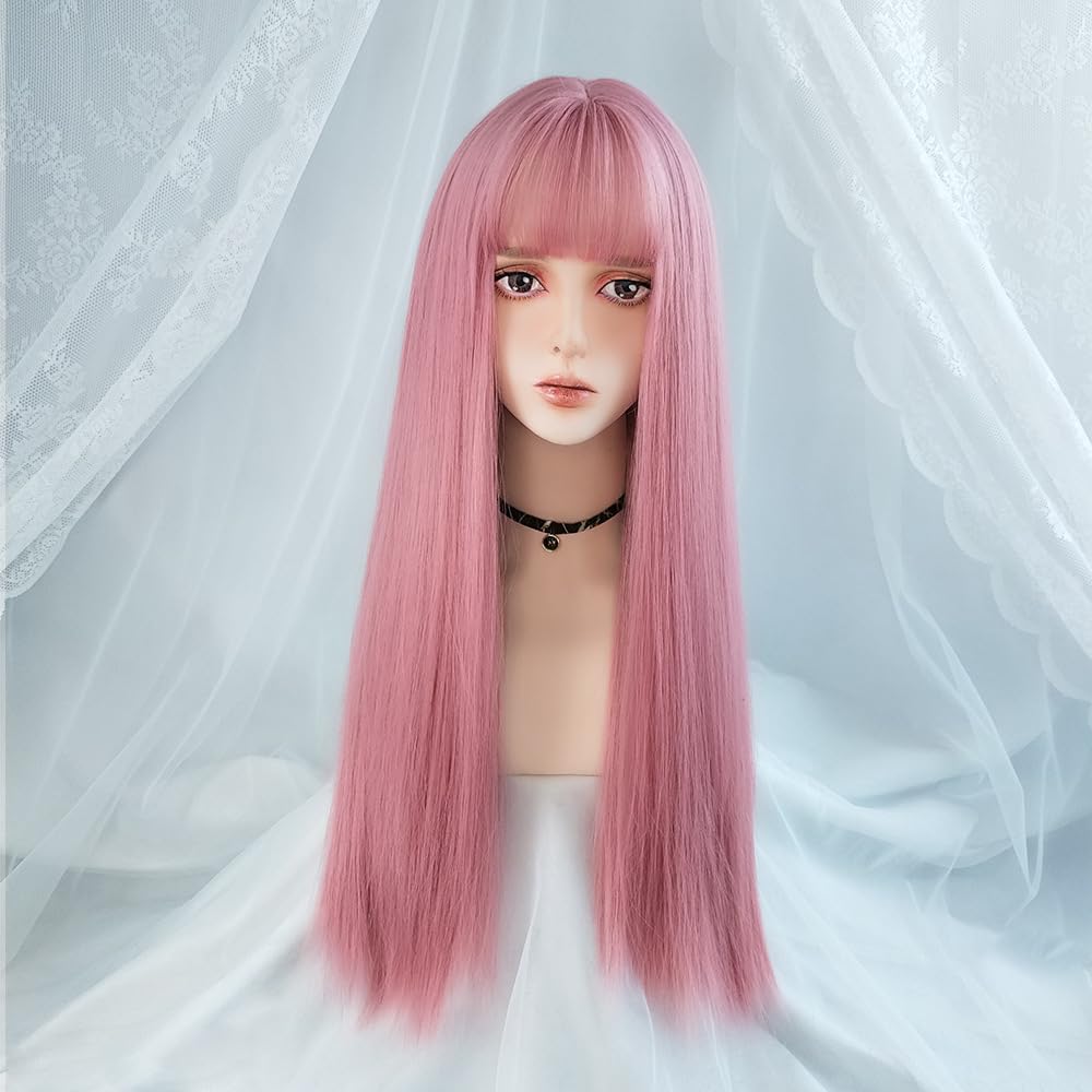 Pink synthetic hair natural long straight hair wigs and bangs party