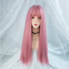 Pink synthetic hair natural long straight hair wigs and bangs party