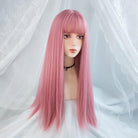 Pink synthetic hair natural long straight hair wigs and bangs party