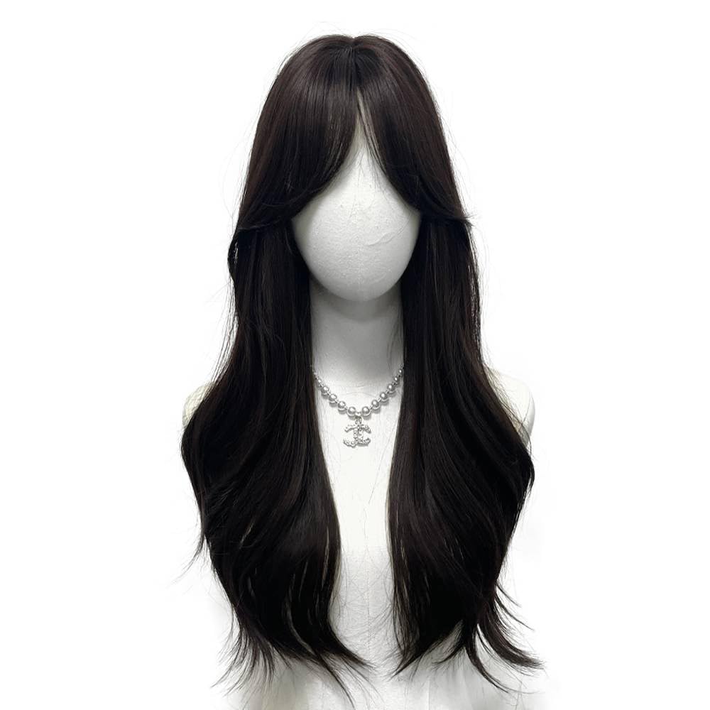 Long black brown straight hair wig and bangs synthesize female synthetic high temperature wig