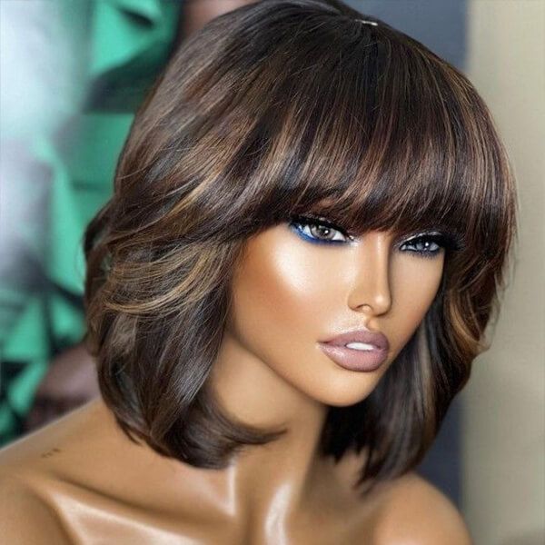 Brown Highlight Bob With Bangs