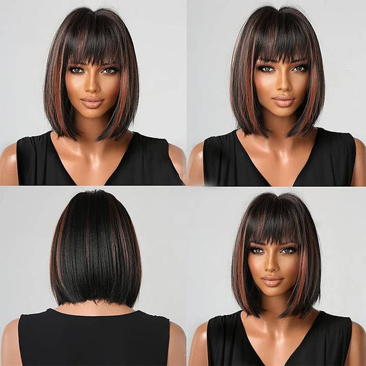 Black Mixed Red Highlight Color Bob Wig With Bangs