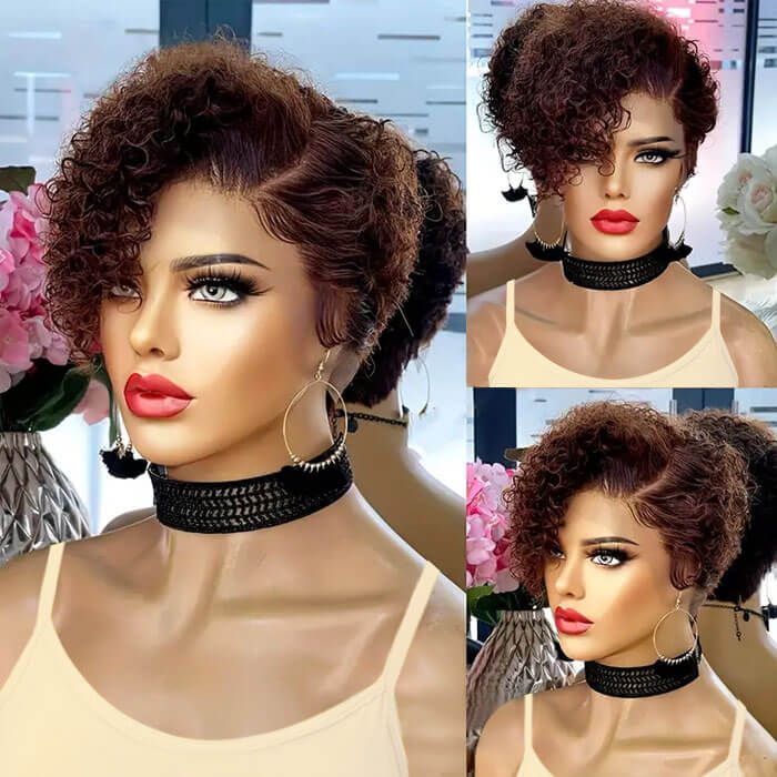 Pixie Cut Brown Curly Short Bob Wig Wigs For Women